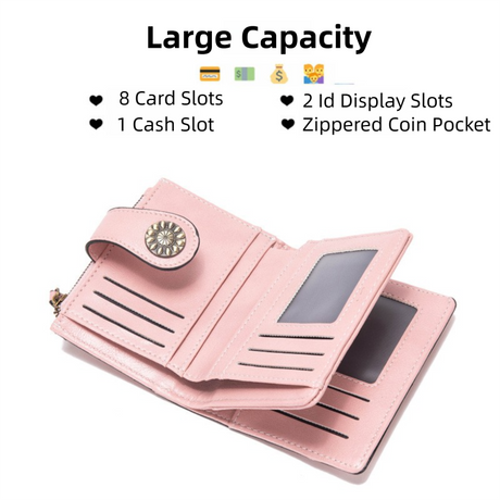 Dark Blue Korean Style Cutout Compact PU Leather Wallet - Women's Mini Bifold Purses with 8 Card Slots, 2 ID Window & Coin Zip Pocket