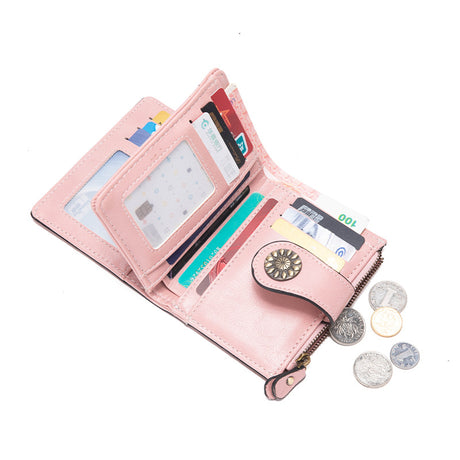 Dark Blue Korean Style Cutout Compact PU Leather Wallet - Women's Mini Bifold Purses with 8 Card Slots, 2 ID Window & Coin Zip Pocket