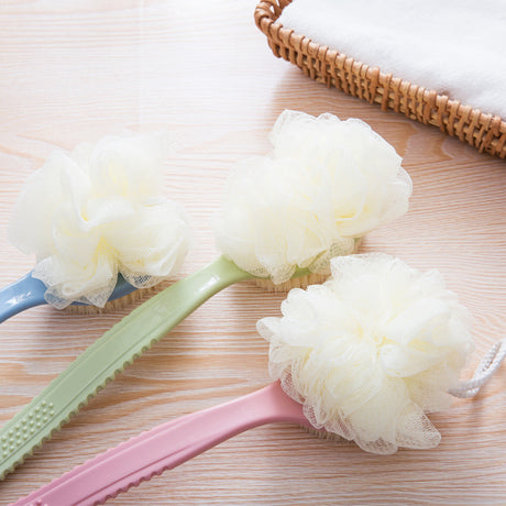 2-Pack Pink 2-in-1 Soft Bristle Long Handle Bath Brush & Shower Pouf Combo - Double-Sided Back Scrubber for Adults & Kids