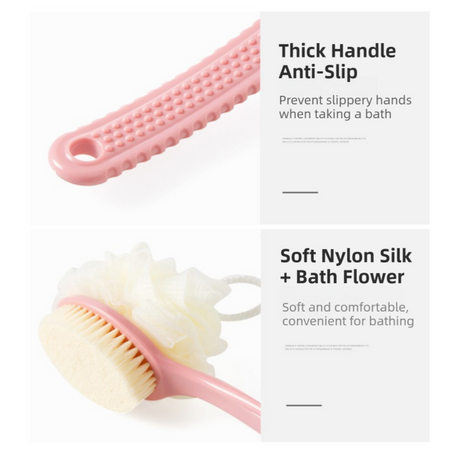 2-Pack Blue 2-in-1 Soft Bristle Long Handle Bath Brush & Shower Pouf Combo - Double-Sided Back Scrubber for Adults & Kids
