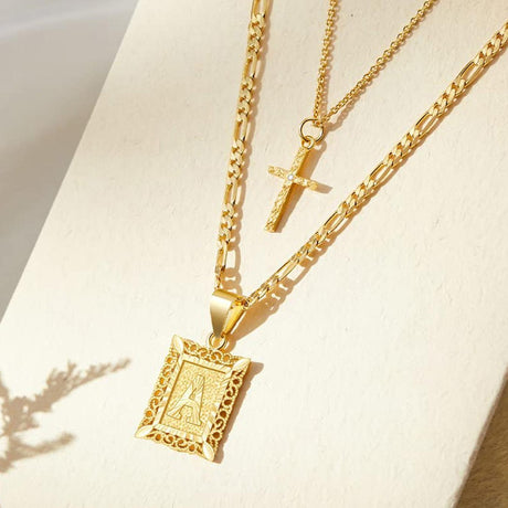 Personalised Copper Adjustable Layered Necklace Set(4PCS) - Custom A-Z Initial Letter Square + Cross Pendant & Double Cross Pendant Stacking Combo