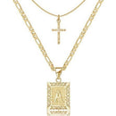Personalised Copper Adjustable Layered Necklace Set(4PCS) - Custom A-Z Initial Letter Square + Cross Pendant & Double Cross Pendant Stacking Combo