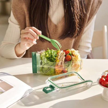 Green Portable All-in-One Side-Opening Salad Container Jar with Fork(10.5x19CM) - Plastic Layered Meal Storage Cup for Kitchen & On-the-Go