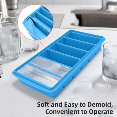 2-Packs Grey 6-Grid Extra Long Silicone Ice Cube Tray - Easy Release Reusable Food Grade Mold for Whiskey, Cocktails & Commercial Use
