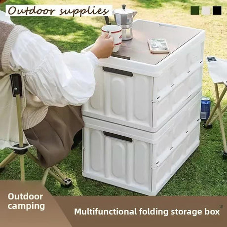 White Collapsible Medium Side-Open Storage Box with Wooden Table Top(42x28x23CM) - Car Trunk Organiser for Australian Camping & Home Use