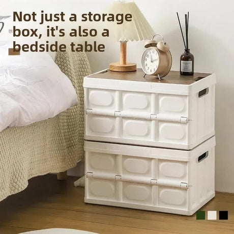 White Collapsible Medium Side-Open Handle Storage Box with Wooden Table Top(42x28x23CM) - Car Trunk Organiser for Australian Camping & Home Use