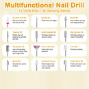 White Cordless Electric Nail Drill Kit - Portable Manicure Pedicure Polisher with 12 Bits
