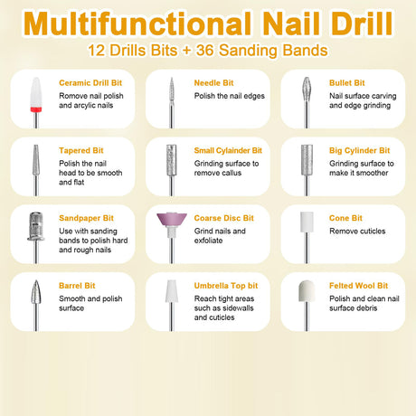 White Cordless Electric Nail Drill Kit - Portable Manicure Pedicure Polisher with 12 Bits