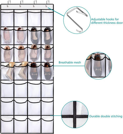 Black 28-Pocket Over-the-Door Shoe Organizer with Breathable Mesh – Wall Hanging Storage Bag for Shoes, Boots, and Accessories
