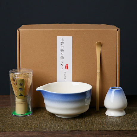 Blue and white Complete Matcha Tea Ceremony Set - 4-Piece Japanese Traditional Whisk, Bowl, Whisk Holder & Scoop for Authentic Preparation at Home