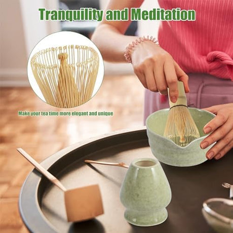 Blue and white Complete Matcha Tea Ceremony Set - 4-Piece Japanese Traditional Whisk, Bowl, Whisk Holder & Scoop for Authentic Preparation at Home