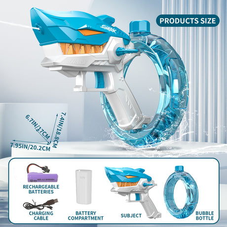Blue Electric Shark Water Gun for Kids - Automatic Continuous Shot Blaster with Large Capacity Water Bottle & Rechargeable Lithium Battery - Long Range Summer Outdoor Toy