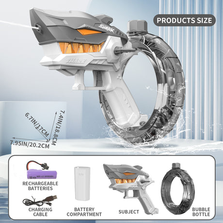 Grey Electric Shark Water Gun for Kids - Automatic Continuous Shot Blaster with Large Capacity Water Bottle & Rechargeable Lithium Battery - Long Range Summer Outdoor Toy