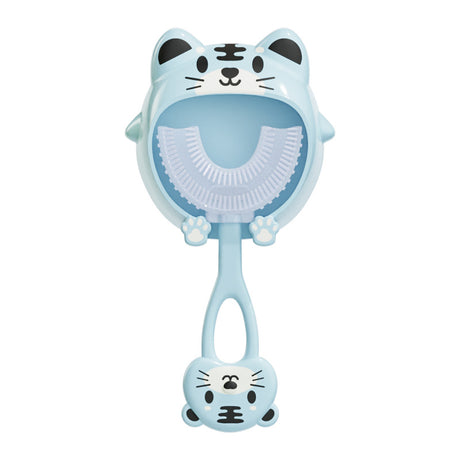 Blue tiger U-Shaped Kids Toothbrush - Food Grade Silicone Manual Toothbrush for 2-12 Year Olds - 360 degree Full Mouth Cleaning Baby Oral Care - Comes with Wall Mount Holder