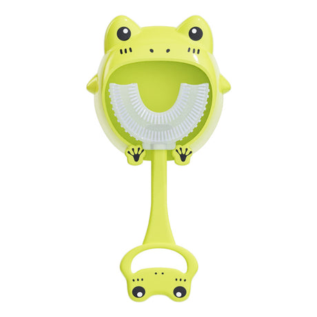 Green frog U-Shaped Kids Toothbrush - Food Grade Silicone Manual Toothbrush for 2-12 Year Olds - 360 degree Full Mouth Cleaning Baby Oral Care - Comes with Wall Mount Holder
