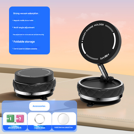 Black Foldable Magnetic Phone Holder with Vacuum Suction - Multi-Angle Adjustable Zinc Alloy Desktop Phone Stand - Portable & Stable for Desk, Car & Multi-Scenario Use