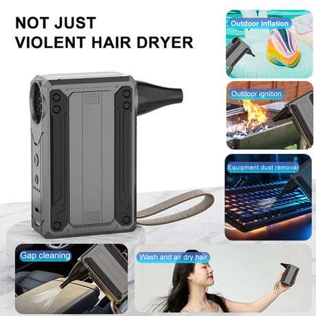 Black Multifunctional Turbo Fan - Portable High-Speed Dust Blower with LED Light & Emergency Power Bank for Outdoor & Home Use