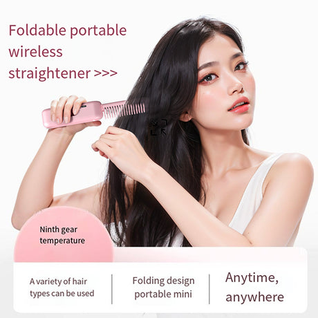 Beige Portable Foldable Cordless Hair Straightener Comb - 2-in-1 Ionic Styling for Smooth, Frizz-Free Hair