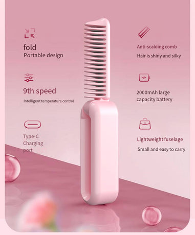 Pink Portable Foldable Cordless Hair Straightener Comb - 2-in-1 Ionic Styling for Smooth, Frizz-Free Hair