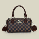 Brown checkered pattern Stylish PU Leather Boston Bag - Elegant Retro Single Shoulder Crossbody Handbag for Women