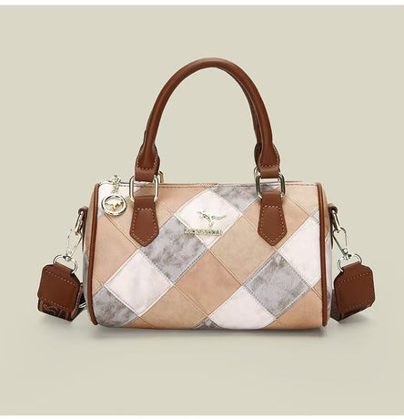 White checkered pattern Stylish PU Leather Boston Bag - Elegant Retro Single Shoulder Crossbody Handbag for Women