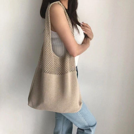 Shallow khaki patchwork Bohemian Knit Shoulder Bag - Hand-Woven Crochet Tote for Women