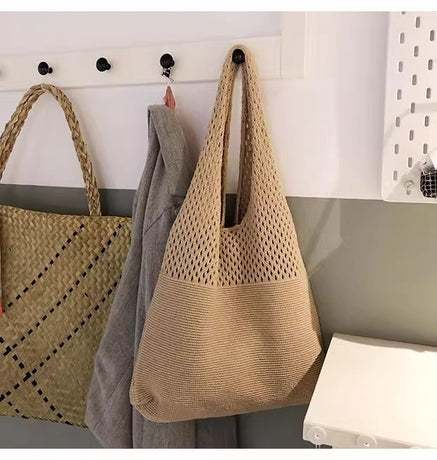 Beige large holes Bohemian Knit Shoulder Bag - Hand-Woven Crochet Tote for Women