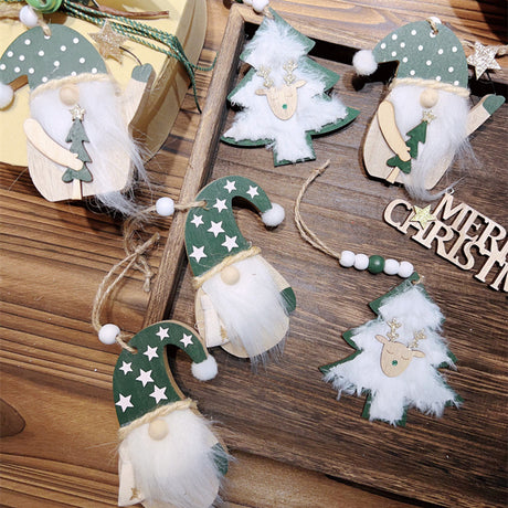 3-PCS The old man with green dots Christmas Ornaments Hanging Pendants Nordic Style Gnomes and Reindeer with Faux Fur and Beads for Xmas Tree Home Party Decoration