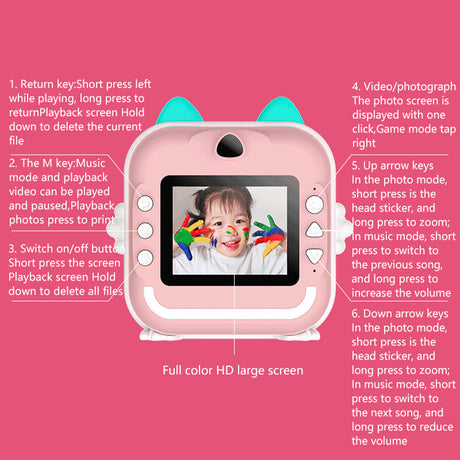 Blue rabbit Kids Instant Print Camera Zero Ink Digital Video Recorder with 32GB Card and 3 Paper Rolls Portable Rechargeable Toy Gift