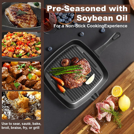 Three-piece set Heavy Duty Cast Iron Skillet & Grill Pan Thickened Vintage Style Cookware for Steak Breakfast & Camping