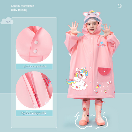 Pink unicorn  Kids Waterproof Raincoat with Expandable Backpack Slot Hooded Rain Jacket for Boys & Girls School & Outdoor(size:M)