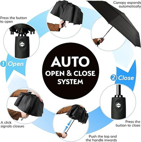 Red Automatic Windproof Travel Umbrella Compact Folding Umbrella Auto Open and Close with Vented Double Canopy for Rain and Sun