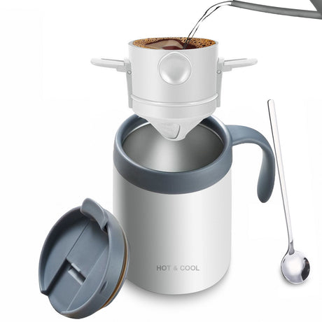 White Portable Pour Over Coffee Maker Set Insulated Stainless Steel Travel Mug with Reusable Drip Filter and Spoon 3 Piece Kit