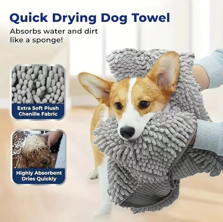 Yellow Super Absorbent Pet Bath Towel with Hand Pockets Quick Dry Chenille Microfibre for Dogs and Cats Large Size 62cm