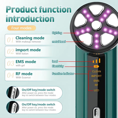 White 4-in-1 RF EMS Facial Beauty Device Skin Tightening and Lifting Massager with LED Light Therapy Anti-Aging Tool for Home Use