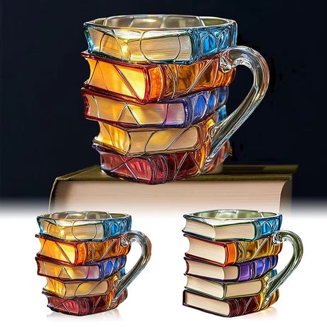 3D Book Stack Resin Mug with Spoon Creative Library Bookshelf Design Coffee Cup Unique Gift for Book Lovers and Writers(style B)