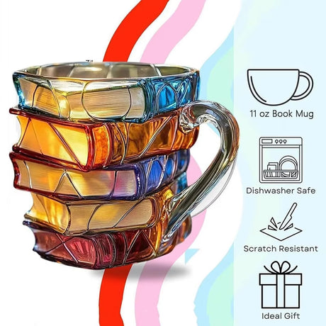 3D Book Stack Resin Mug with Spoon Creative Library Bookshelf Design Coffee Cup Unique Gift for Book Lovers and Writers(style B)