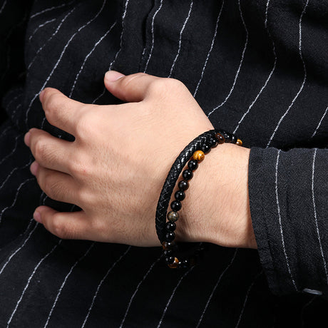 Natural Tiger Eye Stone Men's Leather Bracelet with Magnetic Clasp Beaded Braided Wristband Jewellery Gift 21cm