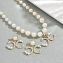Elegant Women's Jewelry Set – Geometric C-Shape Pendant Necklace with Pearl Chain and Matching Earrings