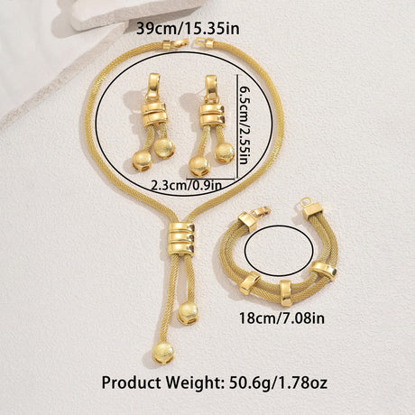 New European-Style Women's Jewelry Set – 18K Gold-Plated Long Necklace with Geometric Tassel Earrings and Matching Bracelet