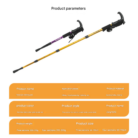 Black Professional Outdoor Trekking Pole – Lightweight Aluminum Alloy Adjustable Walking Stick with Shock Absorption System for Hiking, Climbing, and Kids | 4-Section Collapsible Design with Ergonomic Curved Handle