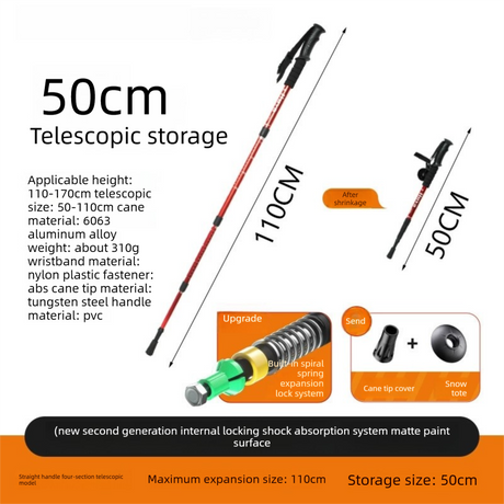 Red Professional Outdoor Trekking Pole – Lightweight Aluminum Alloy Adjustable Walking Stick with Shock Absorption System for Hiking, Climbing, and Kids | 4-Section Collapsible Design with Ergonomic Curved Handle