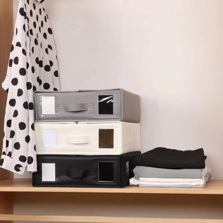 Grey Foldable Oxford Fabric Storage Box with Clear Window – Large Capacity Organizer for Bedding, Clothes & More | Collapsible Design with Handle and Labeling Space