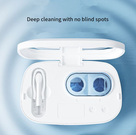 White powder gradient  Ultrasonic Contact Lens Cleaner Machine Automatic Washer Case with UV Light LED Display 4 Timer Modes Type-C Rechargeable Portable for Travel