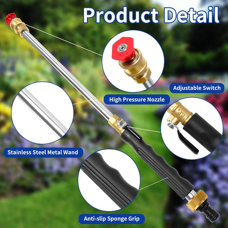 Grey High Pressure Washer Gun with 2 Spray Nozzles 19inch Long Wand Metal Garden Hose Sprayer for Car Wash Window Cleaning and Watering