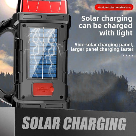 Gold Solar Powered LED Camping Lantern and Flashlight Rechargeable Portable Searchlight with Side Light and USB Power Bank for Outdoor Emergency
