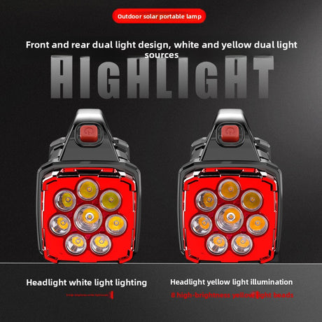 Red Solar Powered LED Camping Lantern and Flashlight Rechargeable Portable Searchlight with Side Light and USB Power Bank for Outdoor Emergency