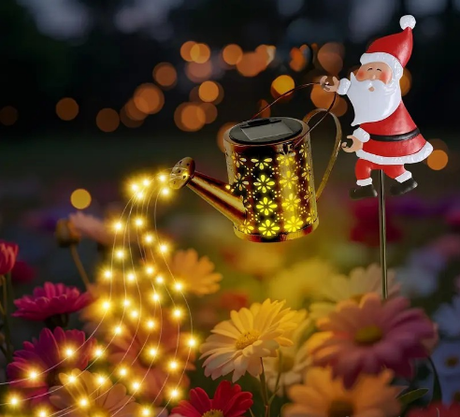Warm white light Solar Powered Christmas Garden Stake - Metal Santa with Watering Can &  LED Waterfall - 82cm Outdoor Yard Decoration