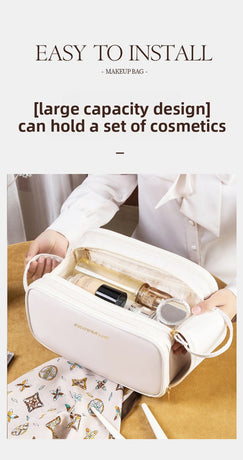 Black Large Capacity PU Leather Makeup Bag Dual Zipper Cosmetic Case Waterproof Travel Toiletry Organiser with Brush Compartment