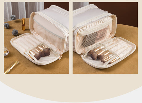 White Large Capacity PU Leather Makeup Bag Dual Zipper Cosmetic Case Waterproof Travel Toiletry Organiser with Brush Compartment